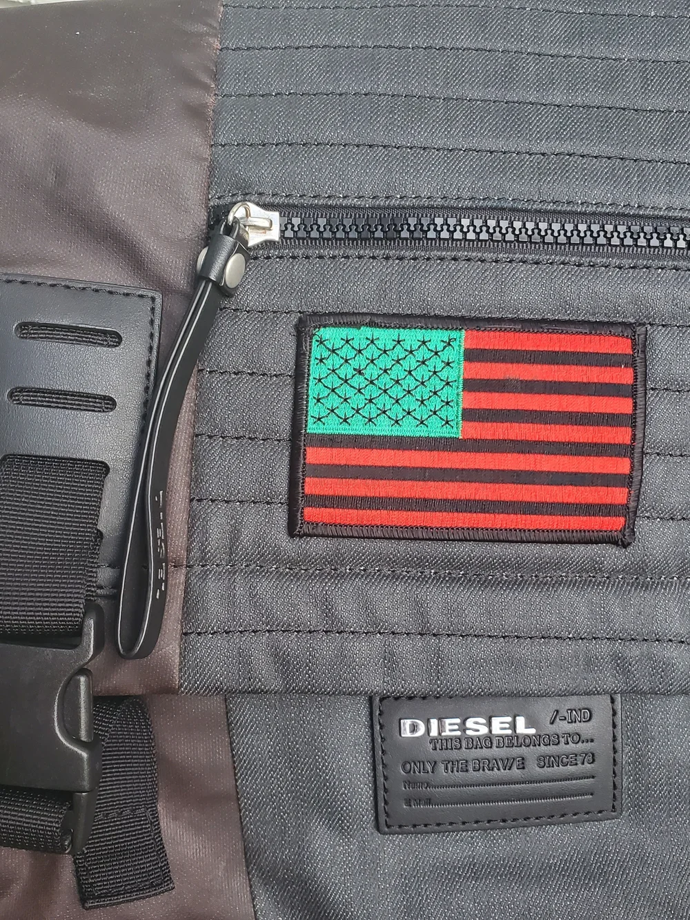 Diesel Industry Black Quilted Messenger laptop Bag with Red & Green Flag Accent